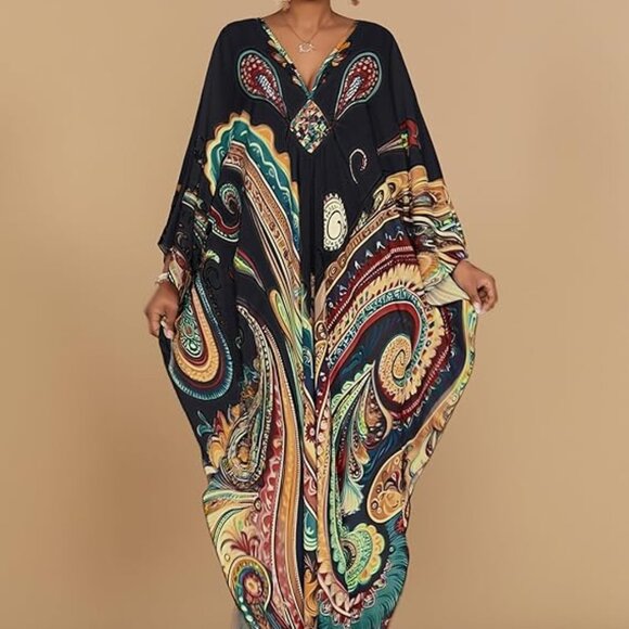 Ethnic Print Plus Size Beach Cover Ups Batwing Sleeve Caftans with Pockets - Picture 3 of 5